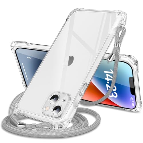 danliangqifei iPhone 14 ケース クリア 肩掛け斜めかけ 首掛け縄掛け アイフォン 14 スマホケース ショルダー 透明 バンパーカバー 耐衝撃 ワイヤレス充電対応 斜めがけ 縄掛け 長さ調整可能 薄型 落下防止 縦/横 紛失防止 可愛い (グレー)