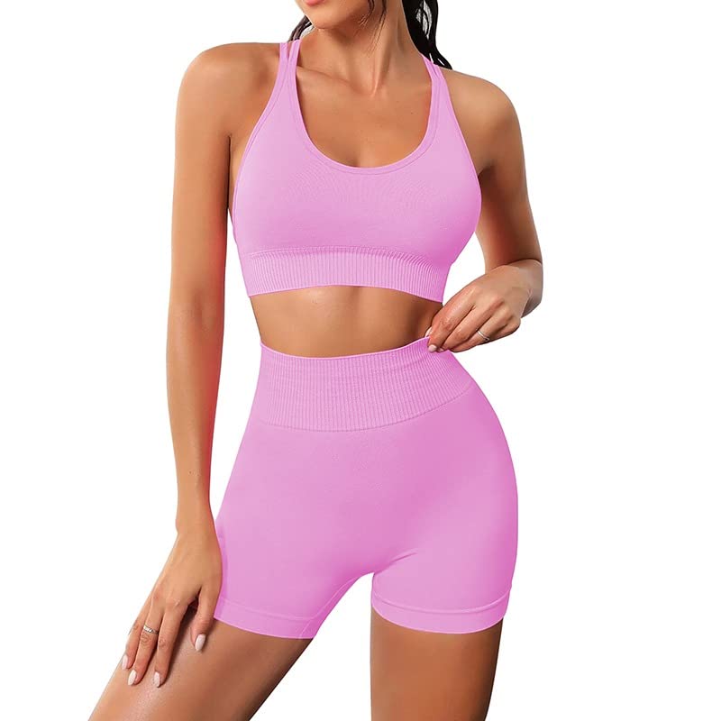 Litthing Conjuntos de Entrenamiento para Mujer Conjuntos de Yoga sin Costuras de 2 Piezas Sujetador Deportivo sin Espalda Tops Pantalones Cortos Deportivos de Cintura Alta