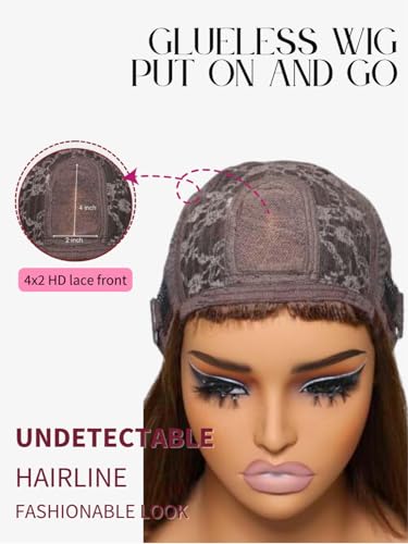 Image of Beauty Forever Bob Wig Human Hair with Bangs Loose Body Wave Glueless 4x2 HD Lace Chestnut Chocolate Brown with Highlight Pre Plucked Bob Wear and Go Short Wigs Beginner Friendly 150% Density 10inch