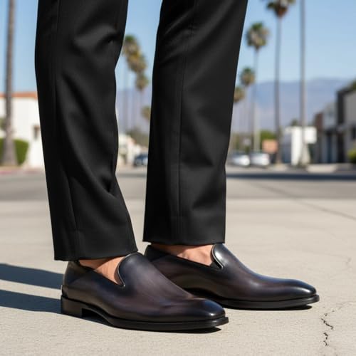 Image of Men's Genuine Leather Loafers Hand-Dyed Leather Sole Slip-On Dress Shoes