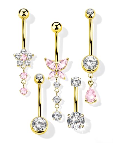 MS CUTE 5PCS Gold-Tone Pink CZ Belly Button Rings for Women 14G Dangle Navel Piercing Jewelry Set Surgical Stainless Steel Body Jewelry with Butterfly Flower Teardrop Barbell 16mm Bar Length