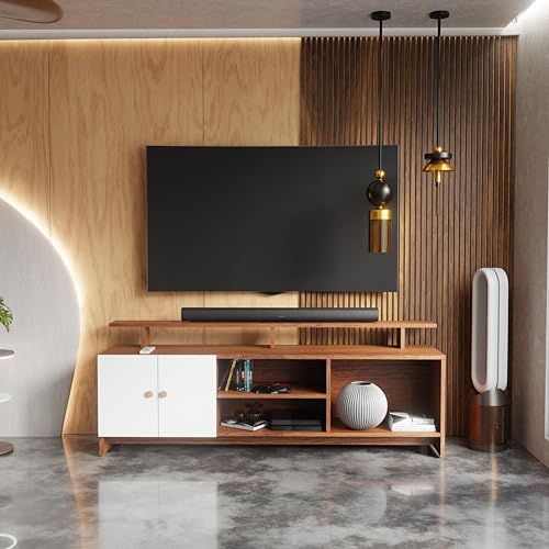Image of TV Unit for Living Room | TV Stand Table | Wooden TV Cabinet | TV Table Furniture for Home & Living Room | Assembly-DIY | Color-Cherry Pine & White