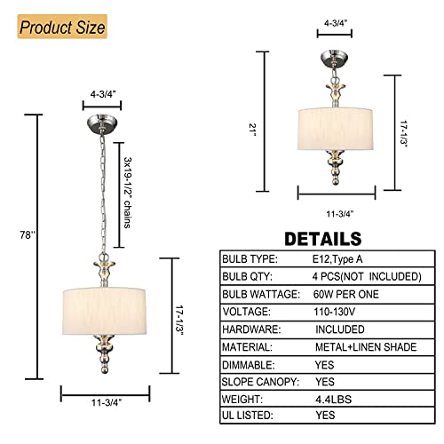 Cawabien Classic Drum Pendant Lighting Fixture, 4-Light Linen Fabric Shade, Semi Flush Mount Ceiling Lights, Polished Nickel Chandelier For Foyer Entryway Hallway Dining Room（Dia 11.75''） #TOP1