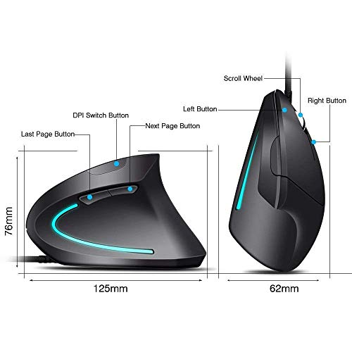 Weskimed Mouse Verticale AU Mouse Verticale Ottico|Mouse Verticale Design Ergonomico 3200-2000-1200-800 DPI con Cavo Previene Il Disturbo del Tunnel Carpale (Sindrome RSI) 5 Pulsanti per Mano Destra