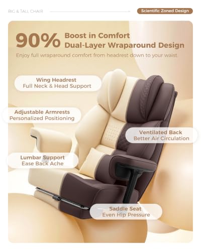 Image of Big and Tall Office Chair, Computer Desk Chair with FootRest, Coffee | High Back Leather Gaming Chair with Lumbar Support, Heavy Duty Ergonomic Executive Office Chair for Home Office Gaming