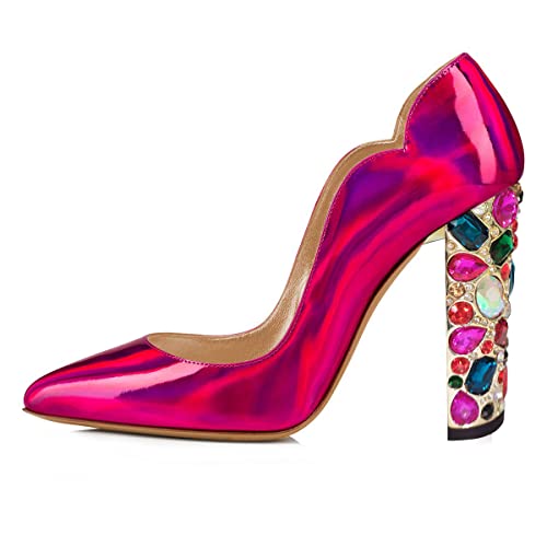 FOWT Women Pointed Toe Slip on Pumps Rhinestone Studded Chunky High Heels Party Evening Dance Shoes Size 4-15 US