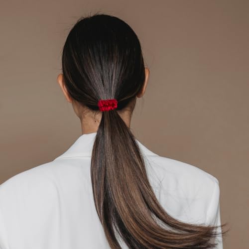 Image of VLOMOT 6 Pcs Set 100% Pure Mulberry Silk Scrunchies Hair Ties with 6 Chic Colors Everyday Skinny Scrunchies Silk Ponytail Holders Hair Care No Damage (Red)