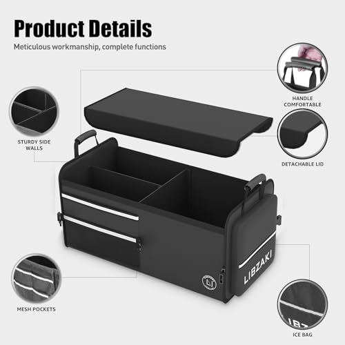 Image of LIBZAKI Car Trunk Storage Organizer, Multi Compartment Collapsible Trunk Storage Box for Car Truck SUV-Black