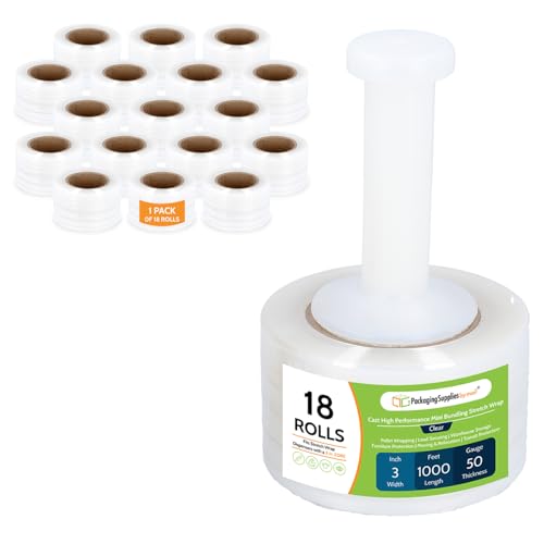 PSBM Mini Stretch Wrap with Plastic Handle, 18 Rolls 3 Inch x 1000 Feet 50 Gauge Heavy Duty up to 500% Stretch Clear Plastic Wrap Industrial Strength Shrink Film for Moving, Packing & Shipping