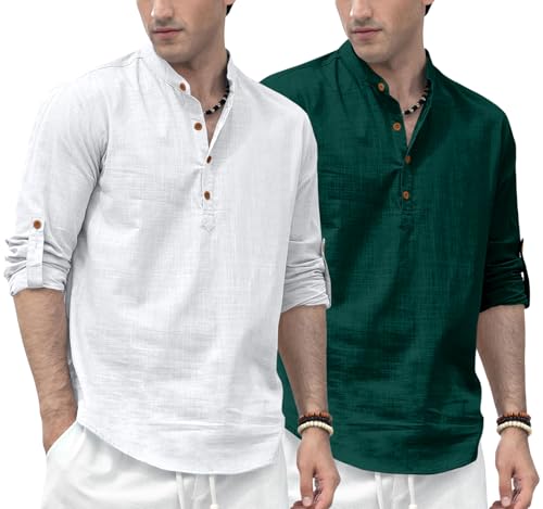 Image of Zombom Men's Combo Cotton Polyester Blend Solid Full Sleeve Straight Regular Fit Mandarin /Chinese Collor Kurta (Pack of 2)