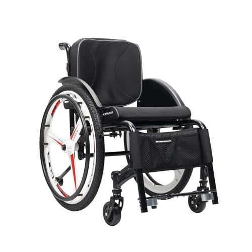 CFMAIF Silla de ruedas deportiva de aleación de aluminio autopropulsada, silla manual ligera para adultos con frenos de mano y ruedas antivuelco (blanco, asiento de 38 cm)