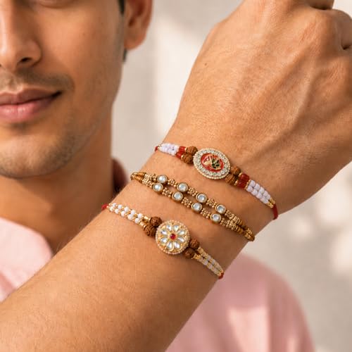 Image of Peora Rakhshabandhan Thread Rakhi for Brother Bhaiya | Crystals & Kundan Studded | Combo, Set of 3 | Rakhi Hamper with Roli Chawal & Greeting Card