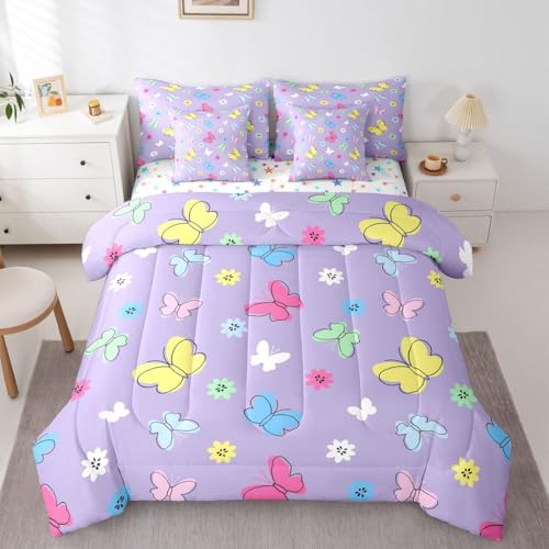 Image of Kids Cute Butterflies 7 Pieces Bedding Set Queen,Colorful Cartoon Floral Bed in a Bag,Kawaii Garden Wildlife Bed Set Includes Comforter,Sheet Set,Pillowcases & Pillow Covers,Cottagecore Bedroom Decor