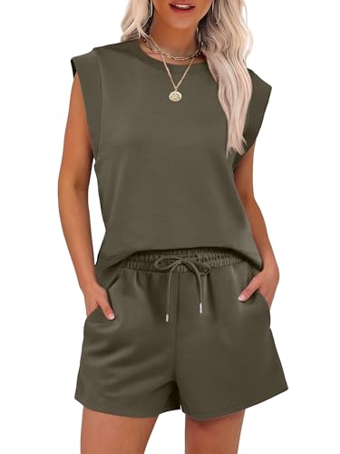 ANRABESS Two Piece Sets for Women 2026 Summer Short Lounge Set Casual Beach Vacation Outfits Spring Sweatsuits Tracksuit Army Green Medium