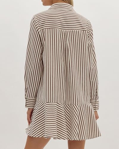 Image of YEXPINE Womens Striped Shirt Mini Dress Long Sleeve Collared Flowy Swing Ruffle Hem Button Up Tunic Dresses