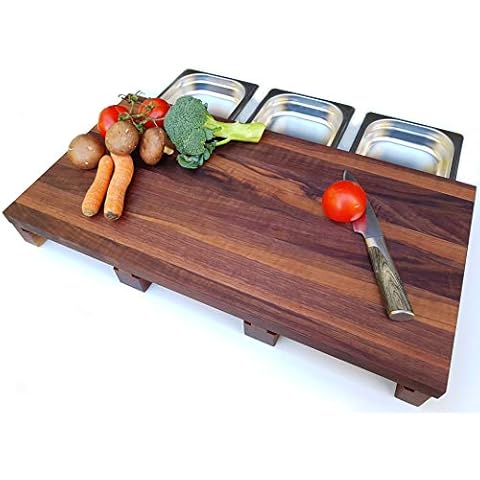 Schneidebrett NUSSBAUM Massivholz mit 3X Auffangschale Auffangwanne 61,5 x 32,5 x 7cm Holzbrett Servierbrett Käsebrett Edelstahlschalen Grillschneidebrett Küchenbrett Edelstahlschubladen thumbnail