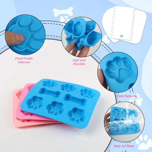 3 Stück Hundekekse Backform,Silikonformen Backen mit Hundepfoten und Knochen Muster,Non-Stick Food Grade,Backmatten mit Teigschaber, für Hundeleckerlies, SüßIgkeiten, Gelee, Kekse, Pudding(3 Farben)
