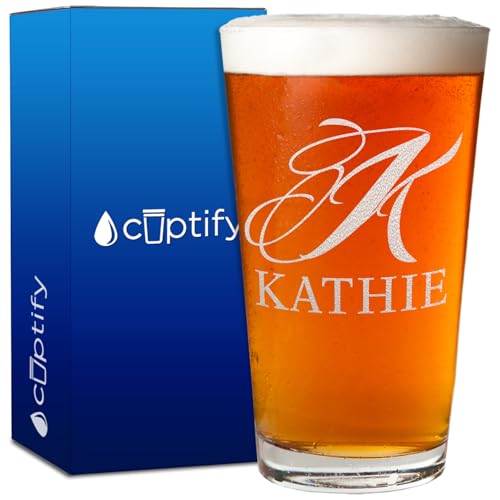 Personalized Beer Glass Script Monogram Initial and Name Laser Engraved 16 oz Pint Drinking Glasses Customized Mug Birthday Gift for Men and Women
