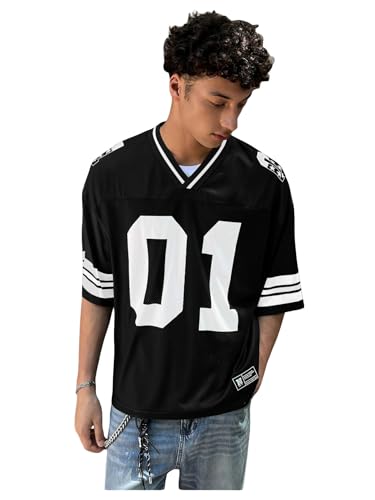 OYOANGLE Men's Number Graphic Print Jersey Shirts Color Block V Neck Short Sleeve Oversized Tee Shirt