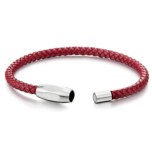 COOLSTEELANDBEYOND Mens Women Red Braided Leather Bracelet, Minimalist Single-Strand with Polished Stainless Steel Clasp, Everyday Casual Jewelry by COOLSTEELANDBEYOND - Used condition - Image 4
