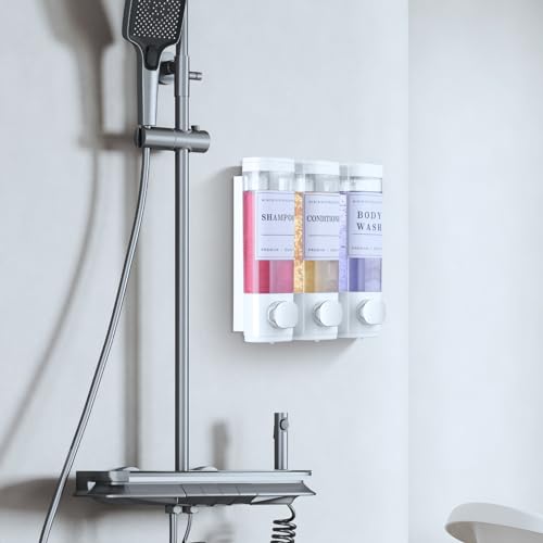 Image of Shower Soap Dispenser Wall Mounted No Drill Shampoo Dispenser for Shower Wall Shampoo and Conditioner Dispenser Bathroom Hotel 3 * 300ml White with 3 Labels