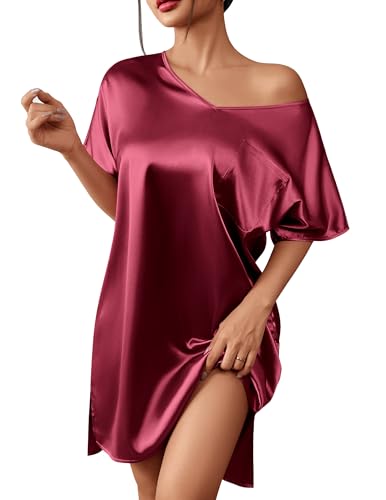 Ekouaer Women's Satin Nightgowns V Neck Side Split Sleepshirt Short Sleeves Sleepwear Chest Pocket Nightshirt S-XXL