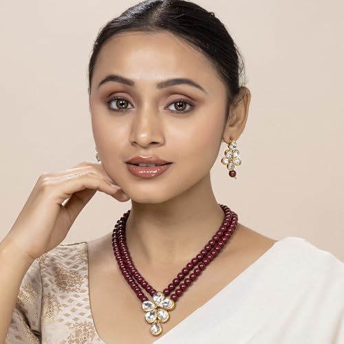 Image of Peora Crystal Faux Pearl Kundan Necklace & Jewellery Set Gift for Women