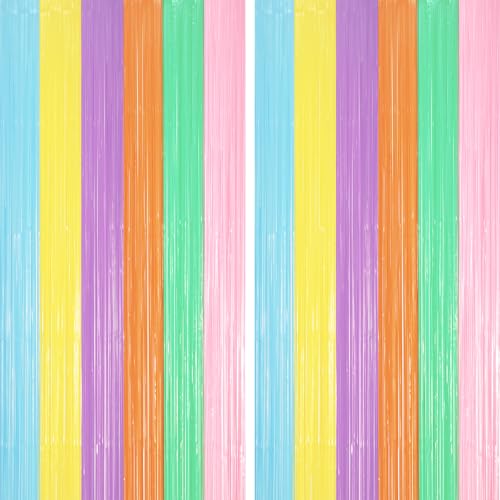 Image of Voircoloria 2 Pack Pastel Rainbow Foil Fringe Backdrop Curtains, Tinsel Streamers Party Decorations, Fringe Backdrop, Door Shimmer for Baby Shower or Birthday Party