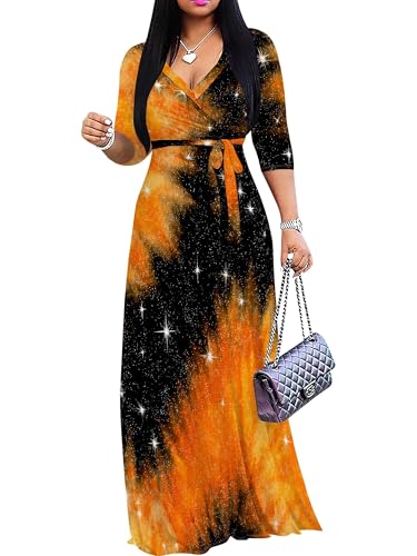 Image of Plus Size Dresses for Women Print Maxi Dresses 3 /4 Sleeve with Belt