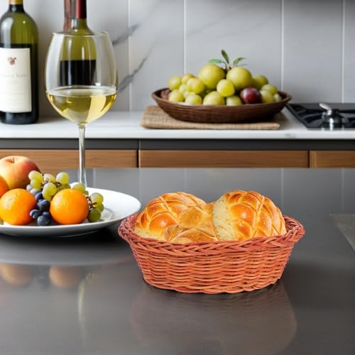 Cesta de pan de ratán tejida a mano HOLIDYOYO, organizador ovalado premium para panadería y mesa 6