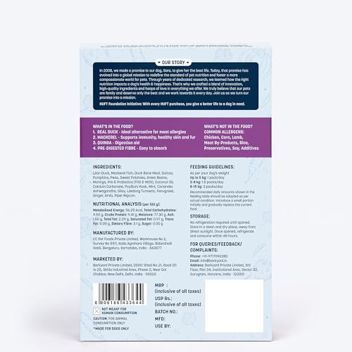 Image of Sara's Wholesome by HUFT Hypoallergenic Duck & Quinoa Wet Dog Food - 100 gm (Pack of 5) | Value Pack | Sensitive Stomach Formula | Complete & Balanced Nutrition | Suitable for Puppies & Adult Dogs