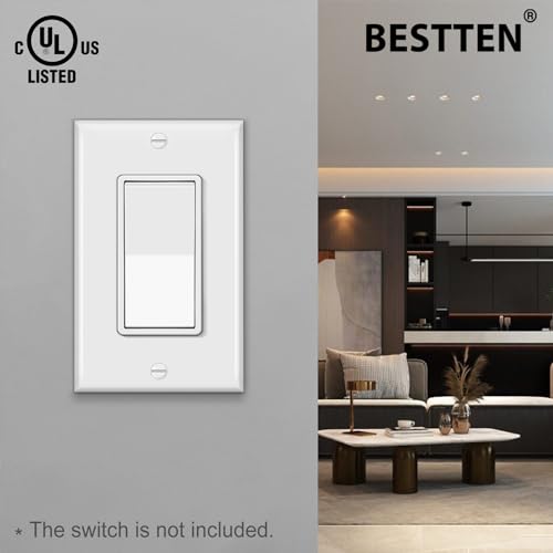 Image of BESTTEN 10 Pack 1-Gang Decorator Wall Plate, Standard Size, H4.53 inch x W2.76 inch, Unbreakable Polycarbonate Outlet and Switch Cover, White, UL Listed