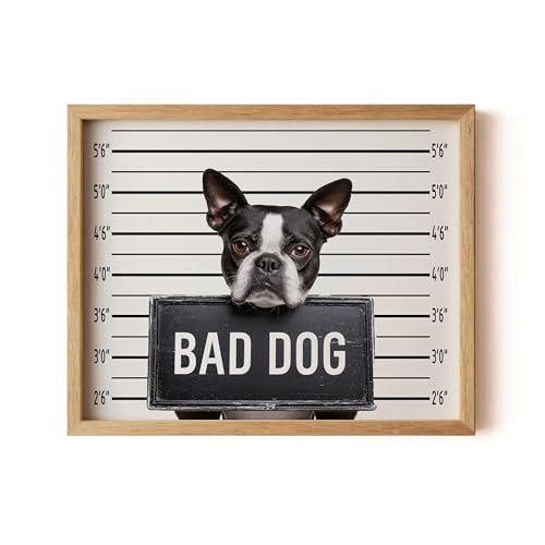 Image of aj decor Boston Terrier Mugshot Wall Art Print Poster, Dog Pet Lover Picture Painting Artwork Bedroom Living Room Office Dining Room 150D (Boston Terrier Mugshot, 11 inch W x 14 inch L, Wood Frame)