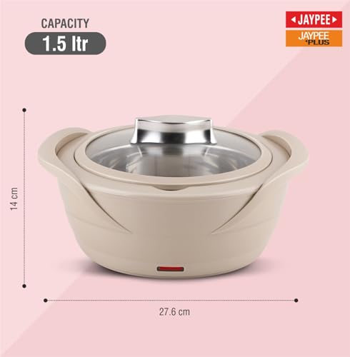 Image of Jaypee Plus Power Serve Inner Stainless Steel Electric Casserole with Glass Lid, 1500 ml, Removable Steel Bowl for Easy Cleaning |Food Grade Serving Set |Ideal for Serving Warm Dish, Beige