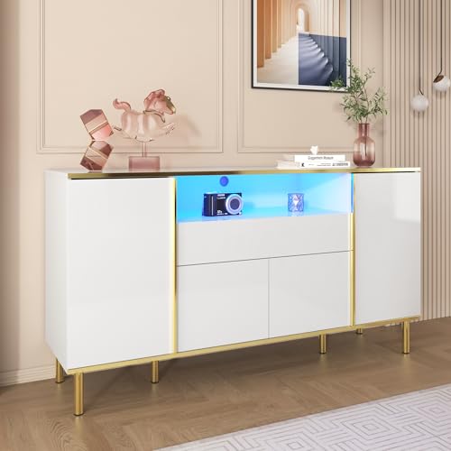 entapuk Commode 1 Tiroir Blanc Brillant, Buffet avec 4 Portes, Éclairage LED， Meuble Moderne pour Salon Et Chambre – L150/p40/h80cm