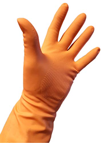 DSTOCK60- 10 Pares de guantes de goma impermeables reutilizables naranjas de manga larga- Talla M, 7,5- Limpieza del hogar, fregar vajilla, cocina, ropa