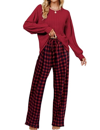 Image of Blooming Jelly Women Ribbed Long Sleeve Pajama Sets Fall Loungewear Pockets | 2 Piece Lounge Pj Matching Set Cute Casual Outfit Fleece Drawstring Crew Neck Wide Leg Flannel Soft Sleepwear