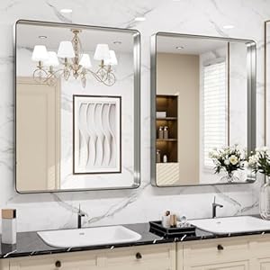 LOAAO 28X36 Inch Brushed Nickel Bathroom Mirror, Rounded Rectangle Silver Metal Frame Mirror, Brushed Nickel, Anti-Rust, Shatter Proof, Hangs Horizontally or Vertically LOAAO 28X36 Inch Brushed Nickel Bathroom Mirror Rounded Rectangle Silver Metal Frame Mirror Brushed Nickel Anti Rust Shatter Proof Hangs Horizontally or Vertically