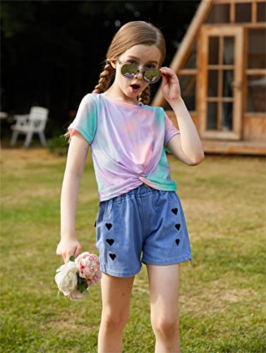 Image of Arshiner Girls Casual Tie Dye Short-Sleeve T-Shirt Cute Print Summer Blouse for Girls Twist Front Tunic Tee Tops