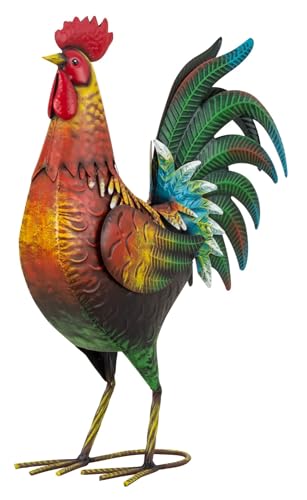 Geschenkestadl Bunte Hahn Figur Metall 39cm Bunte Vogelfigur Gartenfigur Dekoration Haus Garten Geschenkidee, 882301