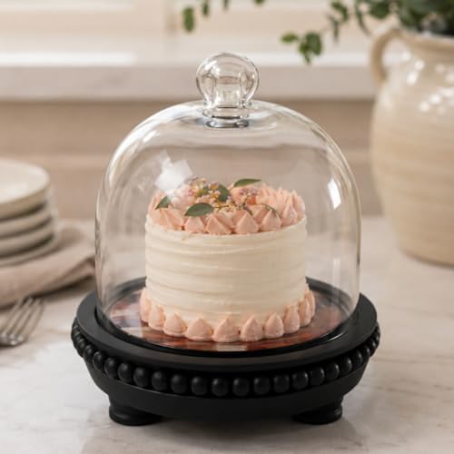 Image of Handcrafted Sweet Spot Acacia Wood Cake Stand with Glass Dome, 7.5x7.5x7.75 Inch Black Serving Platter for Cakes, Pastries & Cupcakes, Food Safe Decorative Cake Plate
