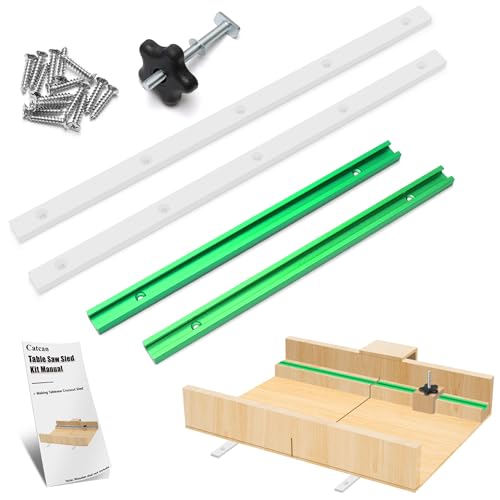 Crosscut Sled Kit for Table Saw, Catcan Table Saw Sled Kit Includes 2 Aluminum 12” T-Track, 2 UHMW 17” Miter Bars, Screws, Knob and Bolt for Tablesaw Woodworking