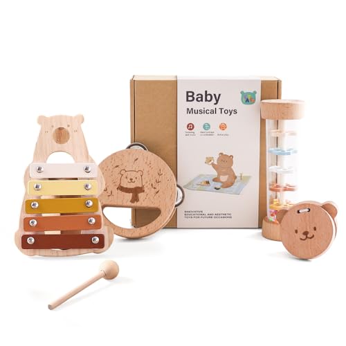 Image of IEATFO Baby Musical Instruments - Your Child's First Musical Toys with Castanet Rainmaker Tambourine Xylophone - Baby Friendly Design Wooden Instruments Set Grow with Your Boys and Girls