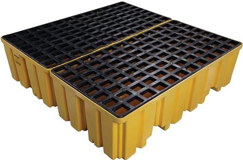 Image of Eagle High Capacity 4 Drum Spill Containment Pallet with Drain and Forklift Pockets, 52.5 inchx51 inchx13.75 inch, 132 Gallon Sump, 8,000 lbs. Load Capacity Secondary Containment Pallet, Made in USA, Yellow, 1640