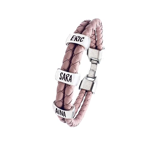 Pulsera con Nombres Personalizada. Piezas Baño Plata y Cuero Español. Tallas...