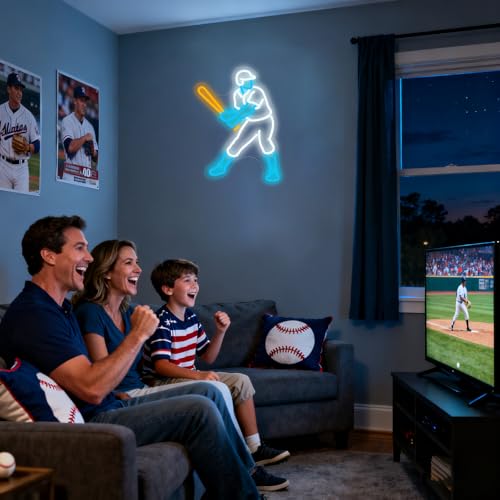 Image of Baseball Player Neon Sign - Dimmable LED Baseball Light & Wall Decor for Boys Bedroom, Man Cave & Party | Gift for Men, Boys & Kids (Classic White, 16.7x13 inch)