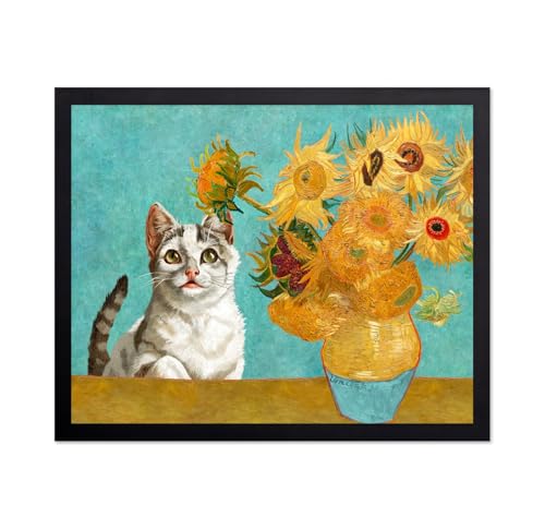 Monem Art Cat with Sunflowers Print - Van Gogh Inspired Still Life Art Poster - Wall Decor for Living Room, Bedroom or Office - 8x10 Black Framed Wall Art by Marja Van Den