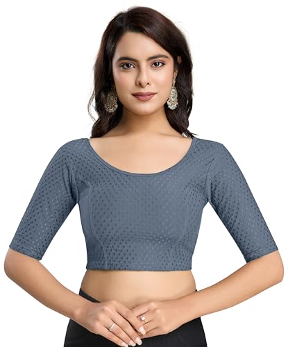 Image of TRENDMALLS Women's Dobby Pure Cotton Elastin Stretchable Readymade Round Neck Elbow Length Sleeves Blouse Choli Stylish Saree Blouse Ready to Wear