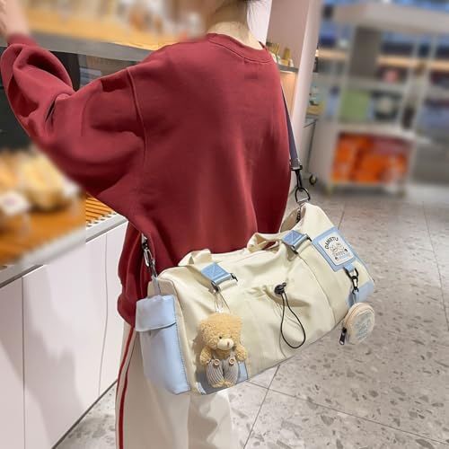 Kawaii Travel Duffel Bag with Cute Accessories Nylon Tote Gym Casual Crossbody Shoulder Weekender Overnight Bag (Blue)3