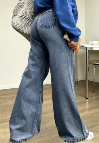 Image of Women's Straight Leg Jeans High Waisted Wide Leg Stretchy Baggy Denim Pants